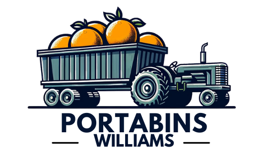 logotipo color portabins williams.png Logotipo de PORTABINS WILLIAMS, mostrando un tractor verde con un remolque lleno de naranjas y el nombre de la empresa debajo.